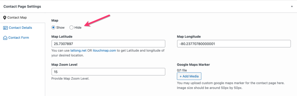Hide for Map in Contact Page Settings